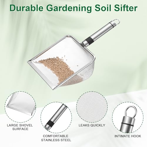 M METERXITY 1-Pack Gardening Soil Sifter, 1 mm Mesh Stainless Steel Sand Soil Compost Sieve with Stainless Steel Handle for Sand/Dirt/Rock Compost, Screen Potting Scoop [Silver Tone] - size: 1 mm
