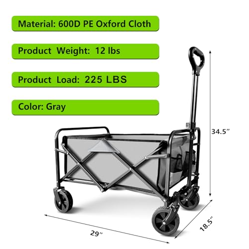 Garden Cart Folding Wagon with Small Wheel, Collapsible Outdoor Wagon Cart Heavy Duty with Universal Wheels & Adjustable Handle, Utility Grocery Wagon for Camping Shopping, Sports - Grey - color: Gray, size: 1 Pack