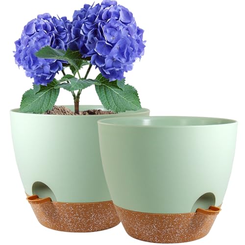 WSMKSZ 10 inch Self Watering Pots, 2 Pack Plastic Planters with Mesh Drainage Holes for Garden Plants and Flower, Plants Pots with Deep Reservoir for Indoor Outdoor Plants, Green with Brown - color: Green With Brown, size: 10inch 2pcs