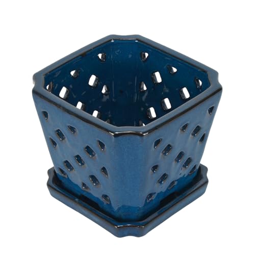 W&W Ceramic Orchid Pot with Holes and Saucer for Repotting, Blue, 7" - color: Blue