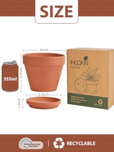 INGOFIN Terracotta Pots Set with Saucer - 2-Pack Ceramic Clay Planters with Drainage Hole, Garden Flower Succulent Pots with Tray for Indoor Outdoor Plants, 8 inch, Set of 2 - size: 8/8 inch -2 pcs