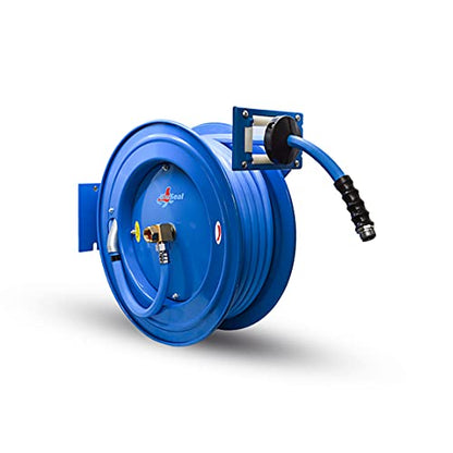 BLUSEAL BSWR1250HRS Retractable Hose Reel with 1/2" x 50' Hot Water Rubber Hose, 6' Lead-in, Hose Reel Swivel Mount, 9 Pattern Spray Nozzle