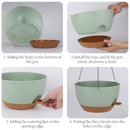 TYMENSH Hanging Plant Pots 12 Inch Set of 2, Self Watering, Drainage Holes, Removable Saucer, Durable Plastic with Chains, Indoor Outdoor, Green - color: Green