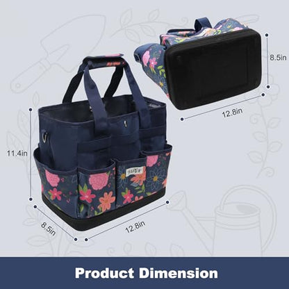 Hard Bottom Floral Garden Tool Tote Bag with Shoulder Strap - color: Blue Floral