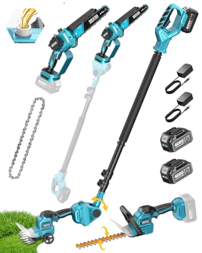SEESII 6-in-1 Cordless Pole Saw & Hedge Trimmer Combo, 2×4000mAh Batteries - color: Navy Blue