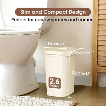 CEROELDA 3 Pack Bathroom Trash Can with Lid, 10L/2.6 Gal Small Garbage Can with Press Top Lid, Slim Plastic Waste Basket for Toilet, Office, Bedroom (Beige) - color: 3 Pack-Beige