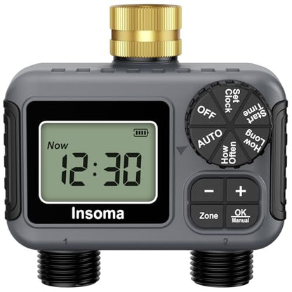 Insoma Hose Timer 2 Zones Brass Inlet, Water Timer for Garden Hose, Sprinkler Timers with Rain Delay/Manual/Auto Mode, Faucet Timers 2 Outlet for Garden Watering, Lawn, Yard