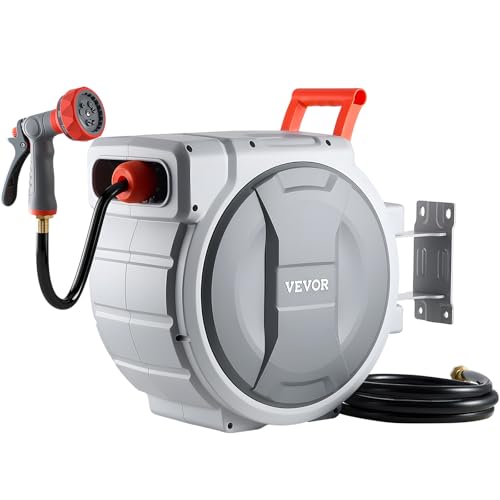 VEVOR Retractable Garden Hose Reel, 1/2 in x 100 ft, Wall Mounted Hose Reel with 9-Function Sprayer Nozzle and 180° Swivel Bracket, Any Length Lock, Automatic Slow Rewind System, for Garden Watering - size: 1/2 in x 100 ft