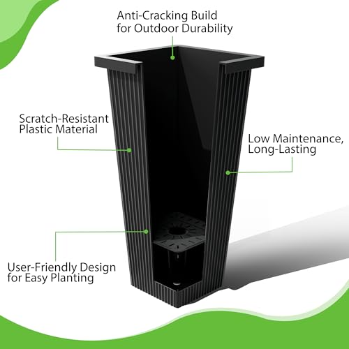 FENCY Set of 2 Tall Planters for Outdoor Plants, Black Ribbed - color: Black-square Ribbed
