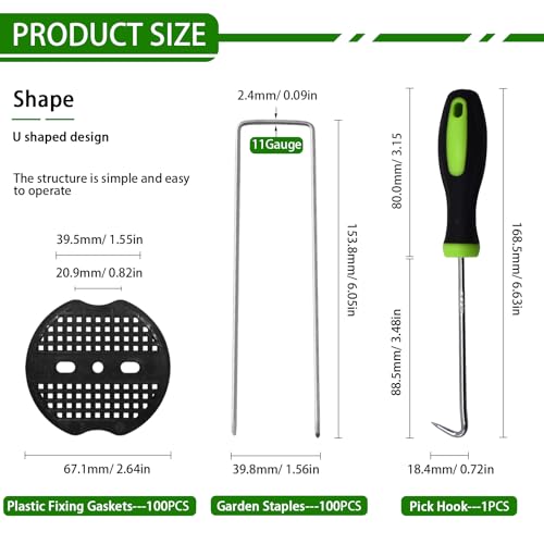 100Sets Garden Stakes Staples and Fixing Gaskets 6 Inch U Shaped Heavy Duty Lawn Staples 11 Gauge Galvanized Landscape Pins with 1 Pick Hook for Weed Barrier Fabric Ground Covers Holding Fence
