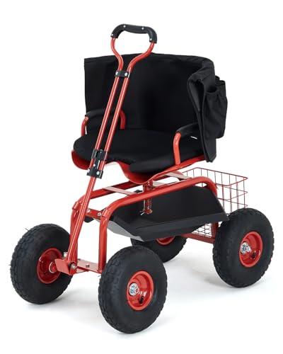 Garvee Heavy Duty Garden Cart, Garden Scooter Rolling Work Seat - color: Red With Back