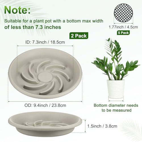M METERXITY 2-Pack Plant Saucer, 7.3 Inch/ 18.5cm Plastic Plant Trays Thicker for Pots/Indoor/Outdoor/Water Drainage and Protection, Flowerpot Drip Tray [Grayish White] - size: 7.28 in