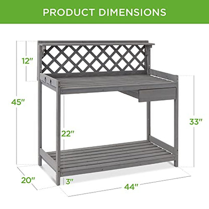 Best Choice Products Outdoor Garden Potting Bench, Wooden Workstation Table w/Cabinet Drawer, Open Shelf, Lower Storage, Lattice Back - Gray