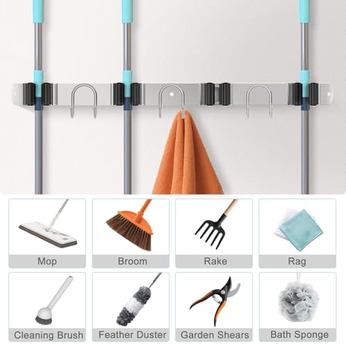 Mop Broom Holder Wall Mount, 2 Packs Silver Stainless Steel Tool Storage Organizer for Kitchen Garden Garage Laundry Room Bathroom and RV with 4 Slots 6 Hooks - color: Silver-2 Pack