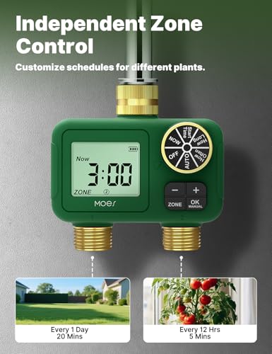 MOES 2 Zone Water Timer, Brass Fittings, Rain Delay, No Wi-Fi Required - style: 2 Zones (2 Outlets)