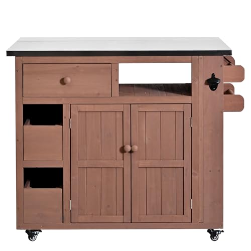 GDFStudio Winford Patio Kitchen Island Cart with Extendable Top, Wooden Outdoor Storage Cabinet with Stainless Steel BBQ Prep Table Top, Drawers, Spice Rack and Lockable Wheels, Potting Bench, Brown - color: Brown