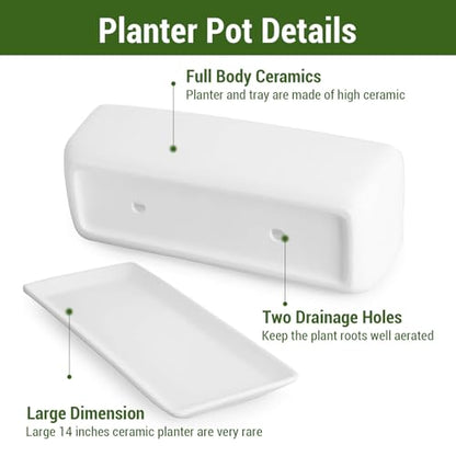 MyGift 14 Inch Ceramic Indoor Plant Pot with Drainage Hole, Rectangular Succulent Planter Window Box with Removable Saucer, Unglazed White (Pack of 2) - size: 14.5 inch (Pack of 2)
