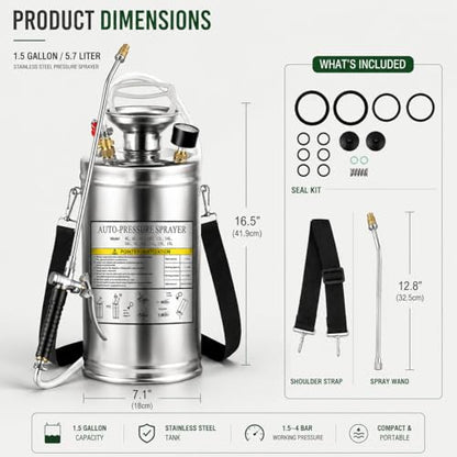 1.5Gal Stainless Steel Pump Up Sprayer Reinforced Hose, Hand Pump Sprayer with Pressure Gauge&Safety Valve, Adjustable Nozzle Suitable for Gardening (1.5 Gallon) - style: 1.5 Gal