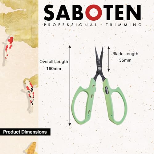 Saboten Fluorine Coated Straight Blade Trimming Scissors Green PT-1 160mm Precision Gardening Bonsai and Floral Shears Made in Japan - color: Green, size: Non-Stick Straight Blade