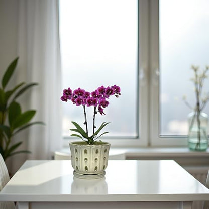 Ceramic Orchid Pot With Attached Saucer and Drainage Hole 6'' (Cream) - color: Cream
