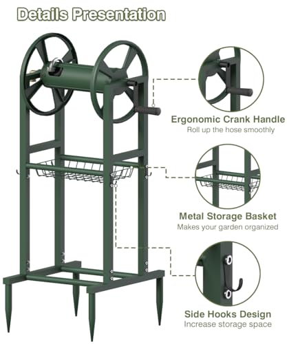 Freestanding Garden Hose Reel holds 125ft Hose of 5/8" with 4 Hooks, 4-Spike Outdoor Hose Holder with 3.9ft Leader Hose & Brass Fitting, Detachable Metal Hose Stand with Storage Rack, Green - color: Green