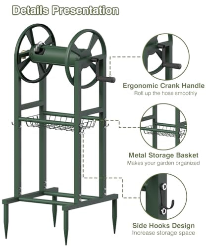 Freestanding Garden Hose Reel holds 125ft Hose of 5/8" with 4 Hooks, 4-Spike Outdoor Hose Holder with 3.9ft Leader Hose & Brass Fitting, Detachable Metal Hose Stand with Storage Rack, Green - color: Green