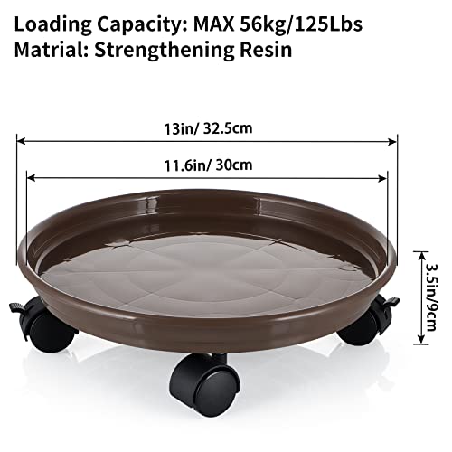 Skelang 13" Plant Caddy, Movable Plant Stand Pot Saucer, Plant Pallet Tray Trolley with Casters, Plant Dolly for Garden Planter, Deck Potted Plant, Each Load Capacity 125 Lbs, Pack of 2 (Brown) - color: Brown