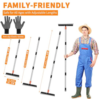 2-in-1 Thatch Rake with Dual Different Tines - Dethatcher Rake for Lawns, Versatile Lawn Rake for Thatch Removal and Soil Care, Heavy Duty Garden Rake Includes Reusable Waste Bag & Gloves