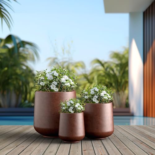 Kante Set of 3 Rusty Concrete Curved Planters 16.5" 13" 9.4" Dia - color: Rusty, size: Set of 3: 15.3" + 11.6" + 8.2" D