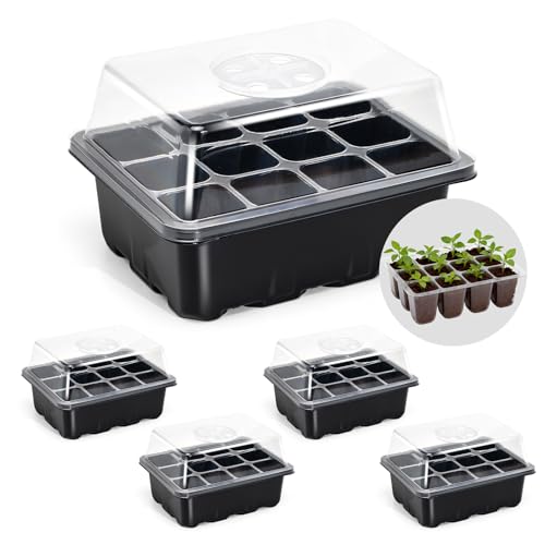 5-Pack Seed Starter Tray Seedling Kits,Plant Starter Kit with Adjustable Humidity Dome and Base Indoor Greenhouse Mini Propagator for Seeds Growing Starting(Blck)