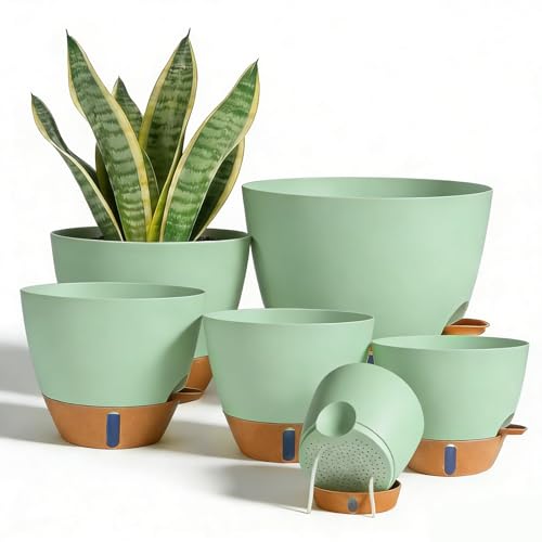 7/6.5/6/5.5/5 Inch Self Watering Pots, Plastic Flower Pots with Multi Mesh Drainage Holes and Deep Reservoir for Indoor Outdoor Garden Plants and Flowers (Green, 5/5.5/6/6.5/7/8) - color: Green, size: 5/5.5/6/6.5/7/8