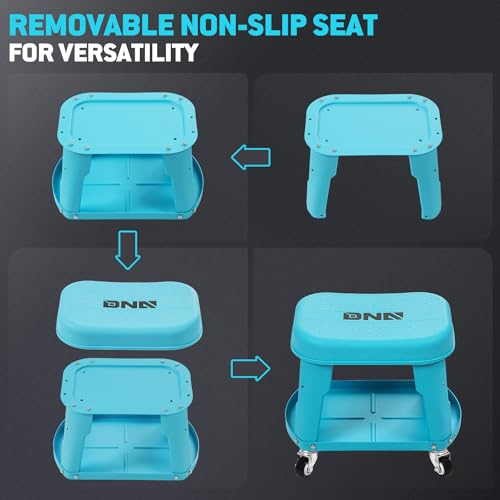 DNA Motoring Removable Rolling Garage Stool with Seat Cushion & Tool Tray Plate, 300lbs Max Weight Capacity, Blue, TOOLS-00479 - color: Blue