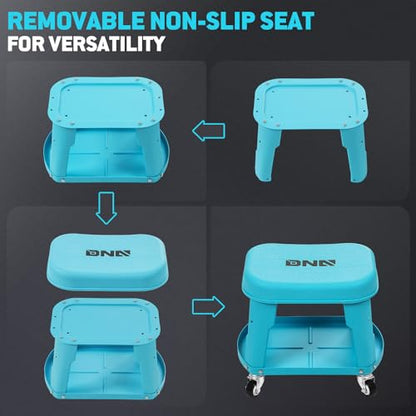 DNA Motoring Removable Rolling Garage Stool with Seat Cushion & Tool Tray Plate, 300lbs Max Weight Capacity, Blue, TOOLS-00479 - color: Blue