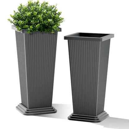 FENCY Set of 2 Tall Planters for Outdoor Plants, Gray Ribbed - color: Gray-square Ribbed