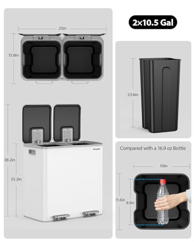Lovewind Trash Can, 2 x 10.5 Gallon (2 x 40 L) Garbage Can for Kitchen Dual Compartment Recycling Kitchen Step Trash Bin, Stainless Steel Trash and Recycle Bin Combo with Soft-Close Lid, White - color: White