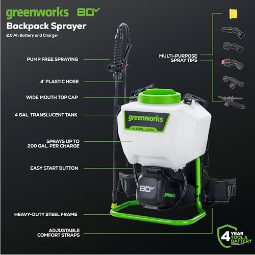 Greenworks 80V Backpack Sprayer 4 Gallon,Battery Powered Backpack Sprayer Kit for Weeding, Spraying, Pest Control, 2Ah Battery and Charger Included, Green, 80V Sprayer Kit (2.0Ah) - size: 80V W/ Battery & Charger