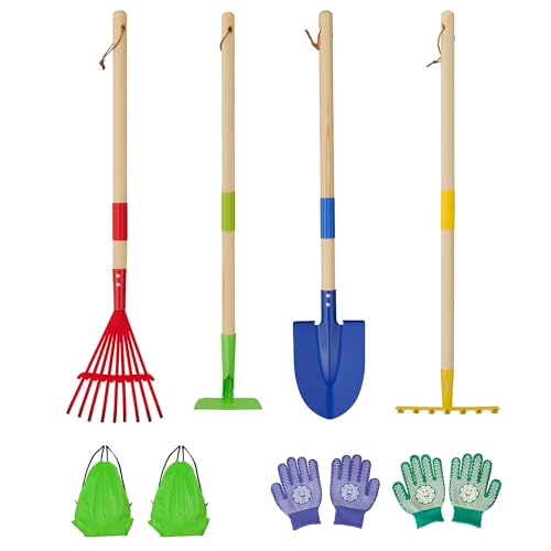 4-Piece Garden Tool Set with Shovel, Rake, Hoe, Leaf Rake - 2 Pairs of Gloves & 2 Storage Bags, Wooden Gardening Tools for Yard & Lawn Care
