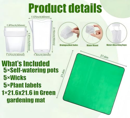 5 Pack 2" Mini Self Watering Pots for Indoor Plants, Clear Plastic Nursery Pots with Drainage Holes for Succulents, Cuttings, Herbs, Includes 50x50cm Gardening Mat