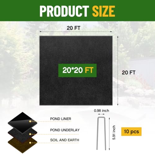 Fanfanwin 20 x 20 ft Pond Liner Underlayment with 10 U-pins, 9oz, Black - color: Black, size: 20 x 20 Feet X 9 oz, style: Square