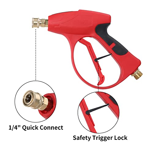 Sooprinse Short Pressure Washer Gun 3000 PSI, 7 Inch Replacement Extension Curved Wand, 5 Nozzle Tips, M22-14 Inlet - color: Red