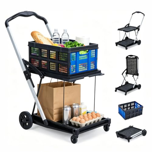 Durable 2-Tier Collapsible Garden Cart – Removable Crate, Lightweight Aluminum Frame, 360° Swivel Wheels, Collapsible Outdoor Utility Trolley for Market, Home, Apartment, Blue - color: Blue