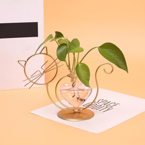 Plant Terrarium Propagation Station Gifts for Women Cat Lover - color: Gold Pink