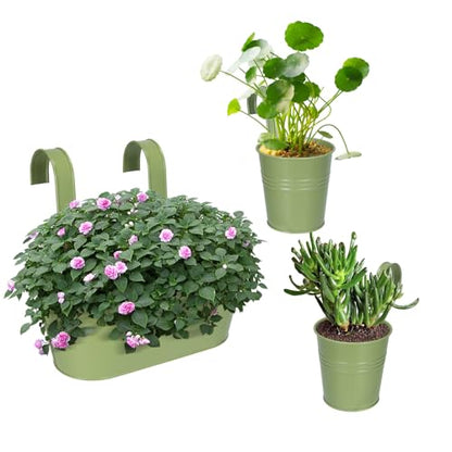 HowRU Metal Iron Flower Pots for Railing Fence Hanging Bucket Pots(5 Pcs) and Hanging Flower Pots Metal Iron Bucket Planter(10 Pcs) (Green) - color: Green