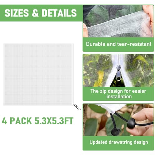 Fruit Tree Netting, Plant Mesh Netting for Garden Protection, Blueberry Bush Insect Netting Cover as Garden Pest Barrier from Cicadas, Bug, Bird (5.3x5.3 FT, 4Pcs, Zipper & Drawstring Design) - size: 5.3X5.3FT 4PACK