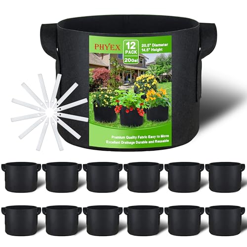 12-Pack 20 Gallon Grow Bags, Heavy Duty Fabric Pots with Handles, Reusable Plant Bags for Vegetable, Herbs & Flowers, BPA-Free, Breathable, Durable - size: 20 Gallon