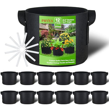 12-Pack 20 Gallon Grow Bags, Heavy Duty Fabric Pots with Handles, Reusable Plant Bags for Vegetable, Herbs & Flowers, BPA-Free, Breathable, Durable - size: 20 Gallon