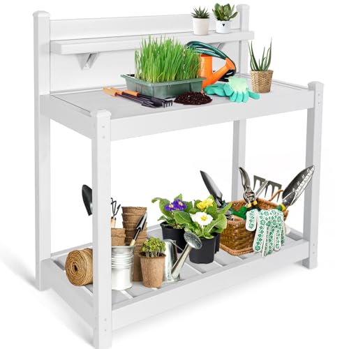 EAGLE PEAK Potting Bench, Weatherproof Vinyl Potting Table for Outdoor & Indoor Use, Easy Clean Garden Workstation with Storage Shelves, White, 40"