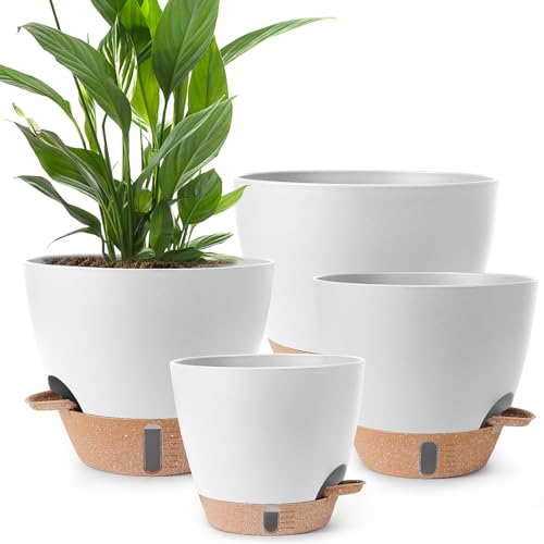 Self Watering Pots for Indoor Plants 12/10/9/8 Inch Plastic with Reservoir - color: White