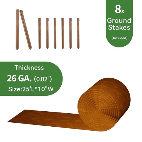 Worth Galvanized Steel Landscape Edging Roll, Flexible Metal Garden Border Fence with 8 Stakes for Lawn, Flower Bed, Yard, 10 Inch x 25 Foot, Rust - color: Rust-like Color, style: 10"x25'