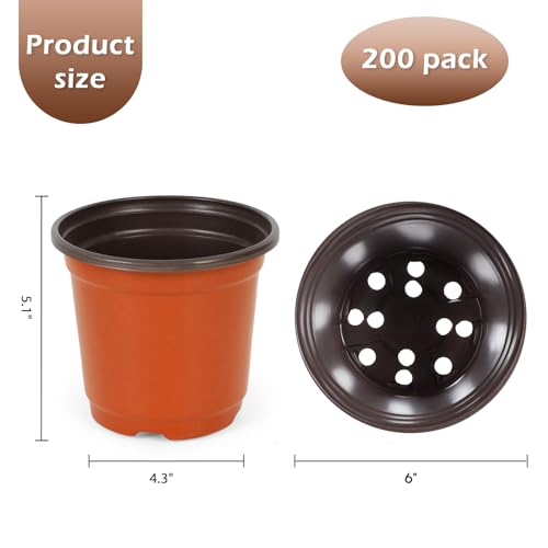 6 Inch 200 Pack Plastic Nursery Pots with Drainage Holes with 200pcs Labels - size: 6inch 200pcs